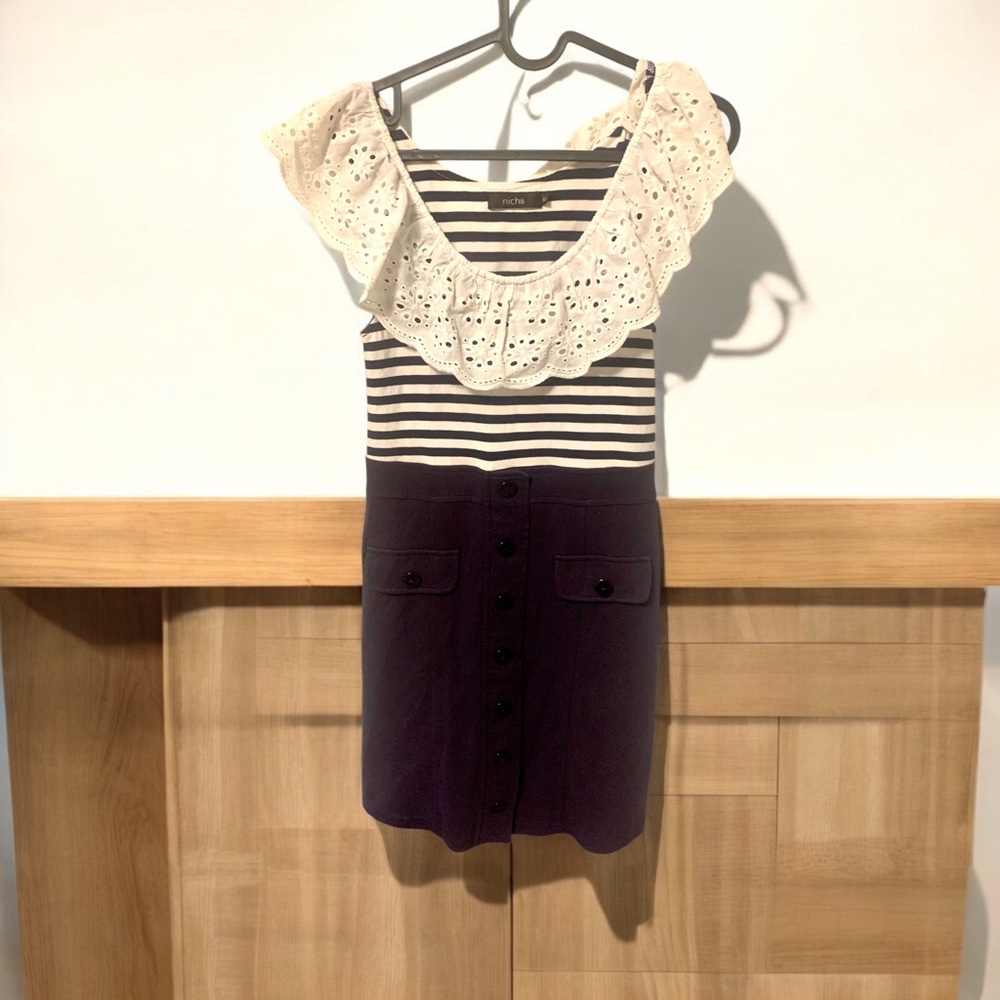 Striped Black and White Midi Dress with Lace Detail